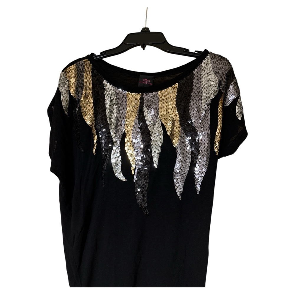 2b Bebe Black Sequin Party Top Embellished Short Sleeve Medium Y2K Glam Clubwear - Picture 2 of 5